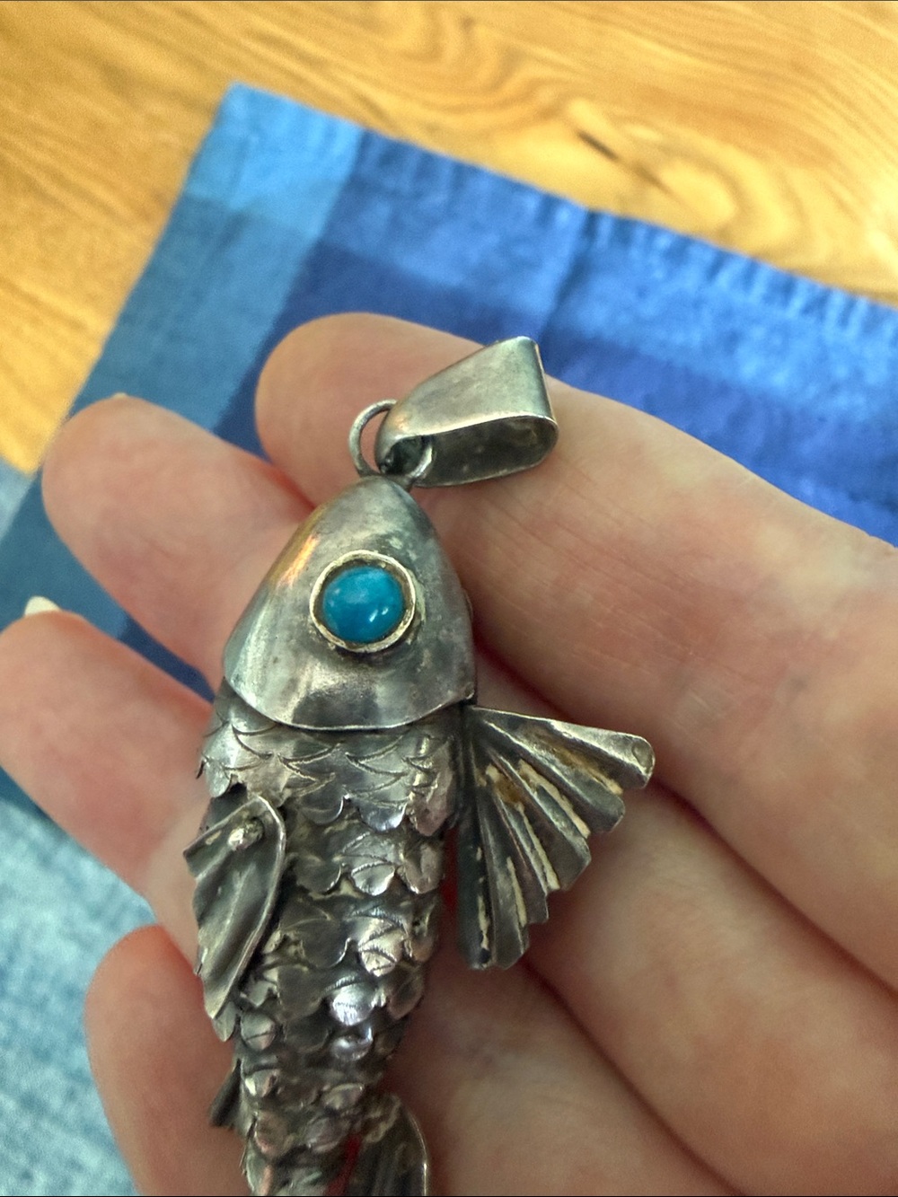 Vintage MRT Sterling Silver 925 Large Articulated Moving Fish Pendant Turquoise - Picture 5 of 6